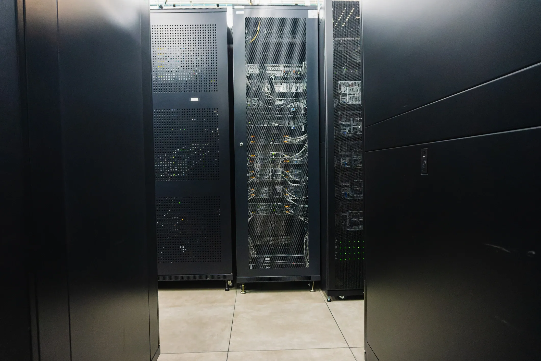 Server room with equipment racks and organized cabling